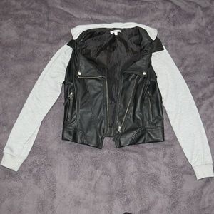 Black Leather Jacket w/Grey Sleeves & Hood